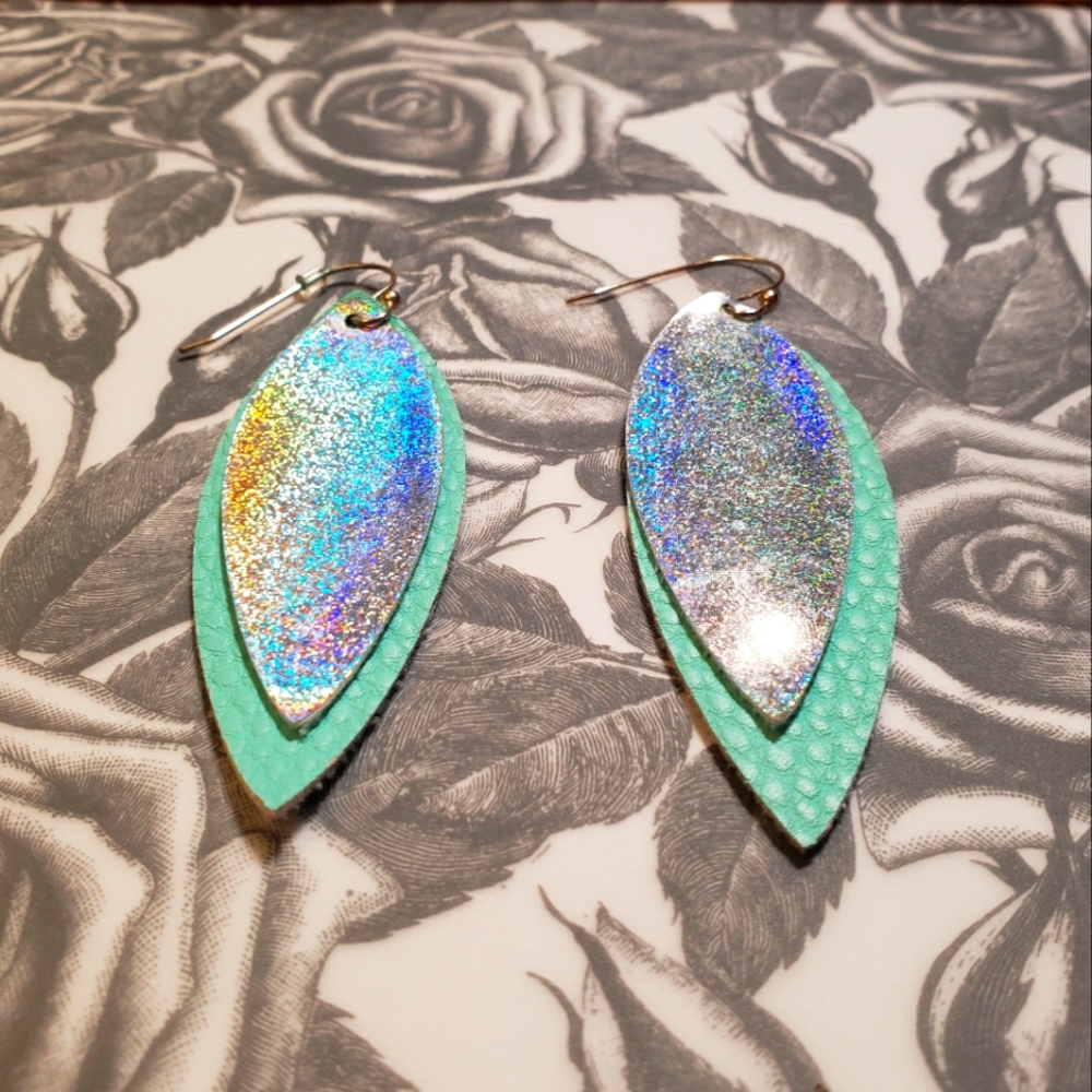 Iridrscent silver and mint faux leather earrings